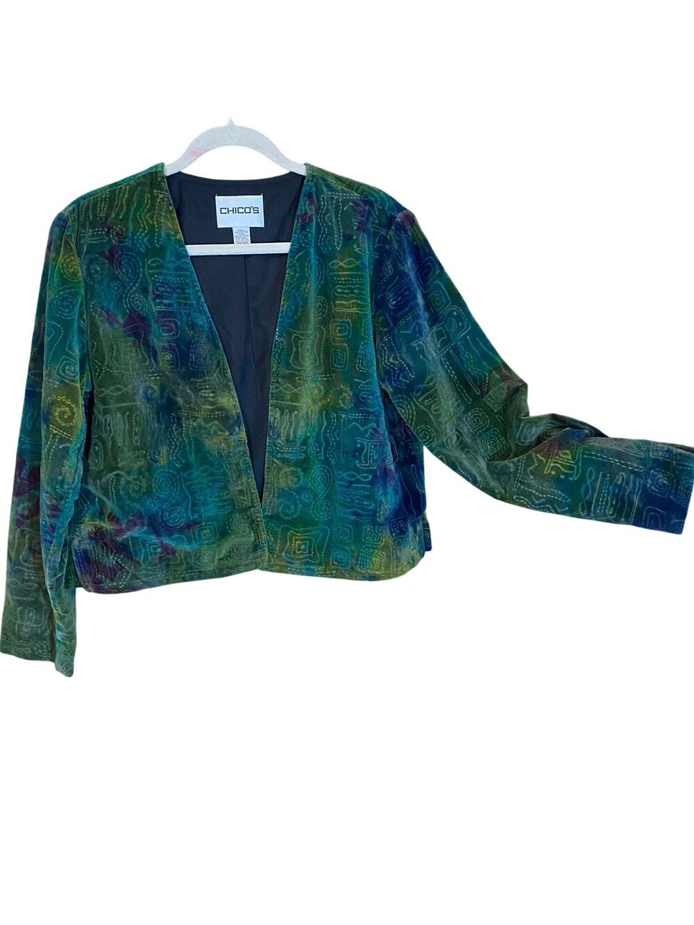 Chico’s Velvet Burnout Jacket Multicolor Abstract Boho Open Front Size 1 medium
